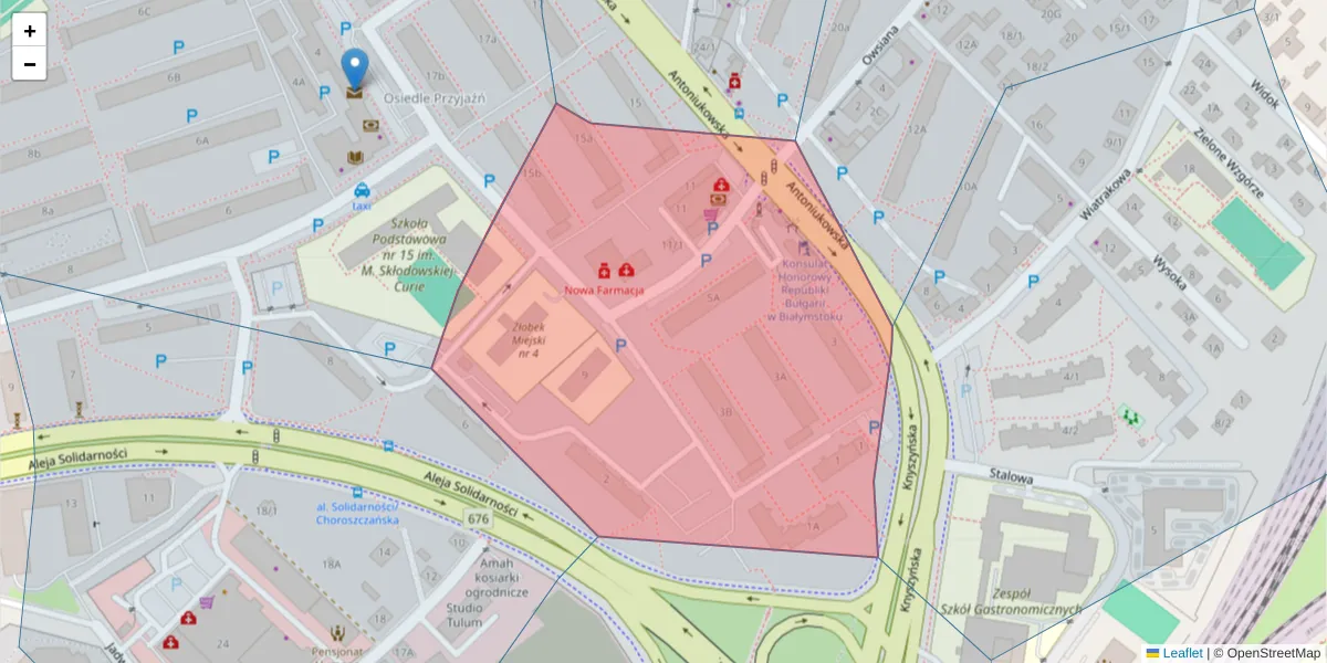 Szczegółowa mapa kodu pocztowego 15-740 z granicami, sąsiednimi kodami pocztowymi i urzędami pocztowymi