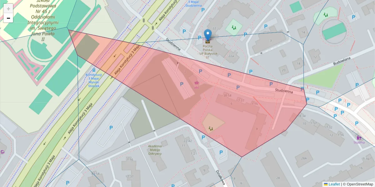 Szczegółowa mapa kodu pocztowego 15-771 z granicami, sąsiednimi kodami pocztowymi i urzędami pocztowymi