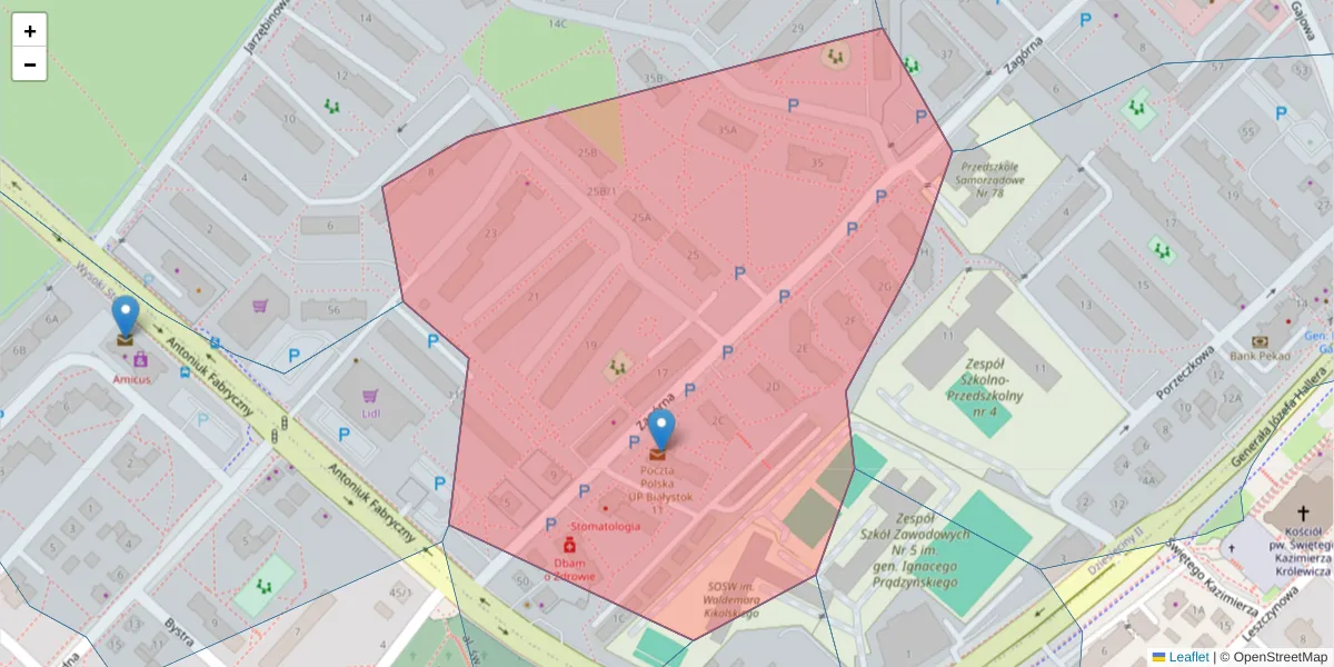 Szczegółowa mapa kodu pocztowego 15-820 z granicami, sąsiednimi kodami pocztowymi i urzędami pocztowymi