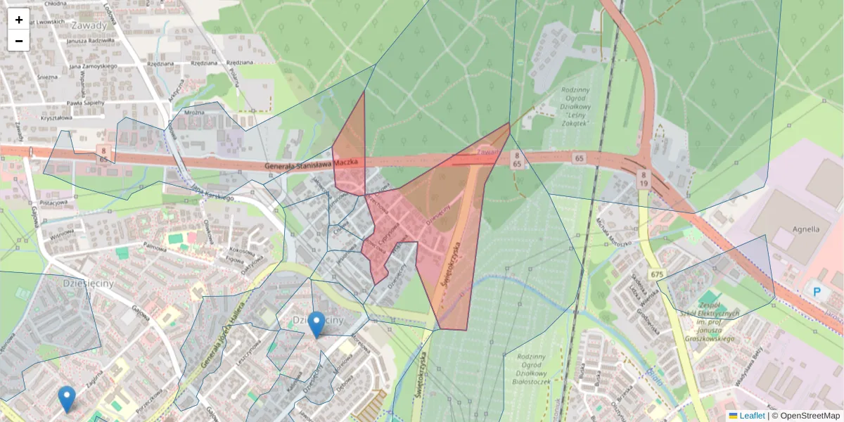 Szczegółowa mapa kodu pocztowego 15-822 z granicami, sąsiednimi kodami pocztowymi i urzędami pocztowymi