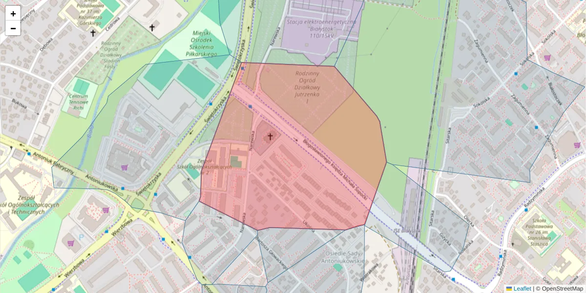 Szczegółowa mapa kodu pocztowego 15-836 z granicami, sąsiednimi kodami pocztowymi i urzędami pocztowymi