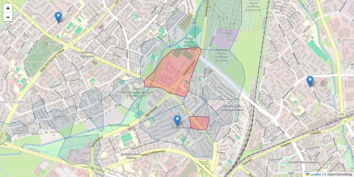 Szczegółowa mapa kodu pocztowego 15-845 z granicami, sąsiednimi kodami pocztowymi i urzędami pocztowymi