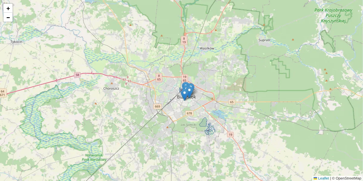 Szczegółowa mapa kodu pocztowego 15-850 z granicami, sąsiednimi kodami pocztowymi i urzędami pocztowymi