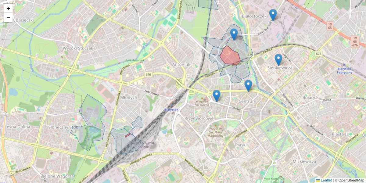 Szczegółowa mapa kodu pocztowego 15-868 z granicami, sąsiednimi kodami pocztowymi i urzędami pocztowymi