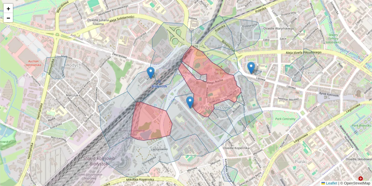 Szczegółowa mapa kodu pocztowego 15-879 z granicami, sąsiednimi kodami pocztowymi i urzędami pocztowymi