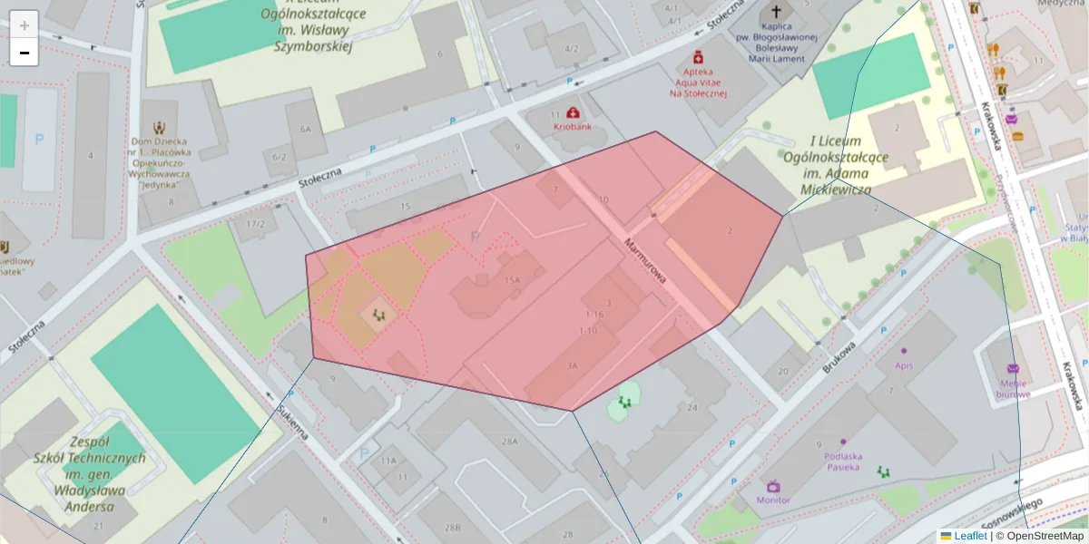 Szczegółowa mapa kodu pocztowego 15-881 z granicami, sąsiednimi kodami pocztowymi i urzędami pocztowymi