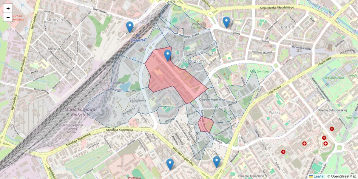 Szczegółowa mapa kodu pocztowego 15-888 z granicami, sąsiednimi kodami pocztowymi i urzędami pocztowymi