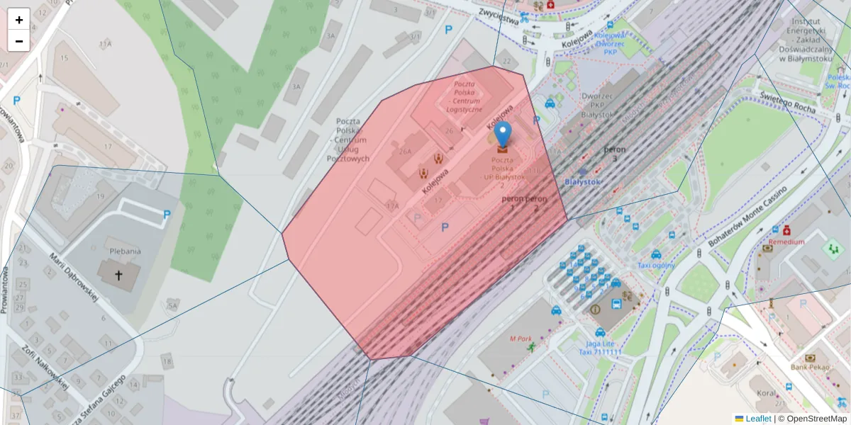 Szczegółowa mapa kodu pocztowego 15-900 z granicami, sąsiednimi kodami pocztowymi i urzędami pocztowymi