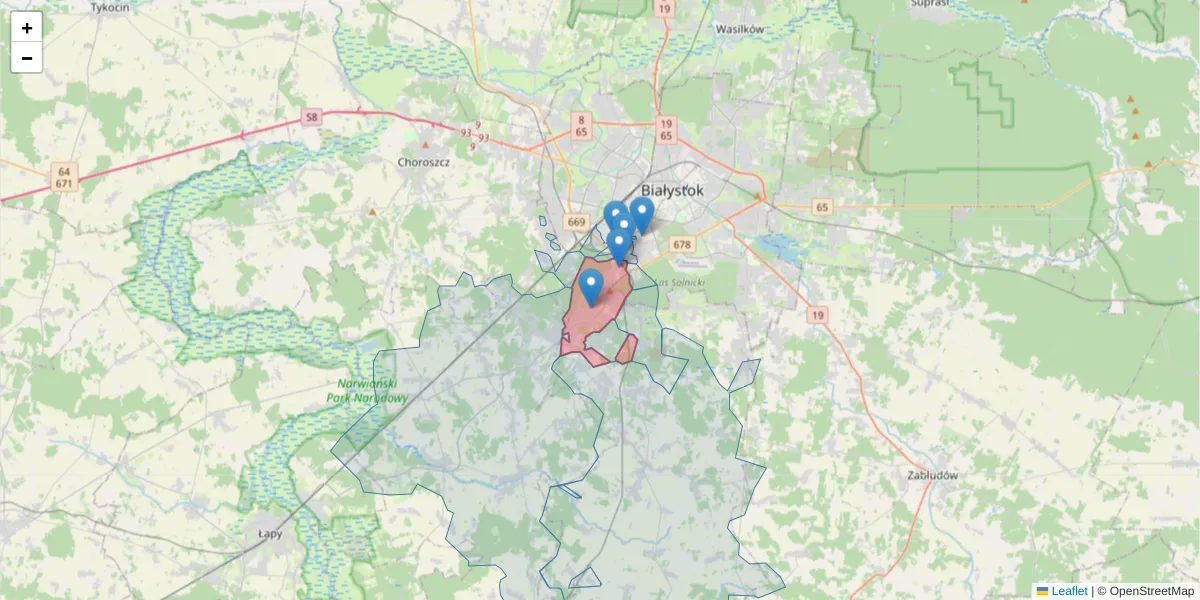 Szczegółowa mapa kodu pocztowego 16-001 z granicami, sąsiednimi kodami pocztowymi i urzędami pocztowymi