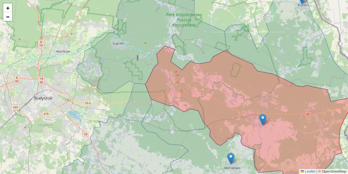 Szczegółowa mapa kodu pocztowego 16-040 z granicami, sąsiednimi kodami pocztowymi i urzędami pocztowymi