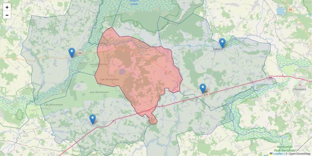 Szczegółowa mapa kodu pocztowego 16-075 z granicami, sąsiednimi kodami pocztowymi i urzędami pocztowymi