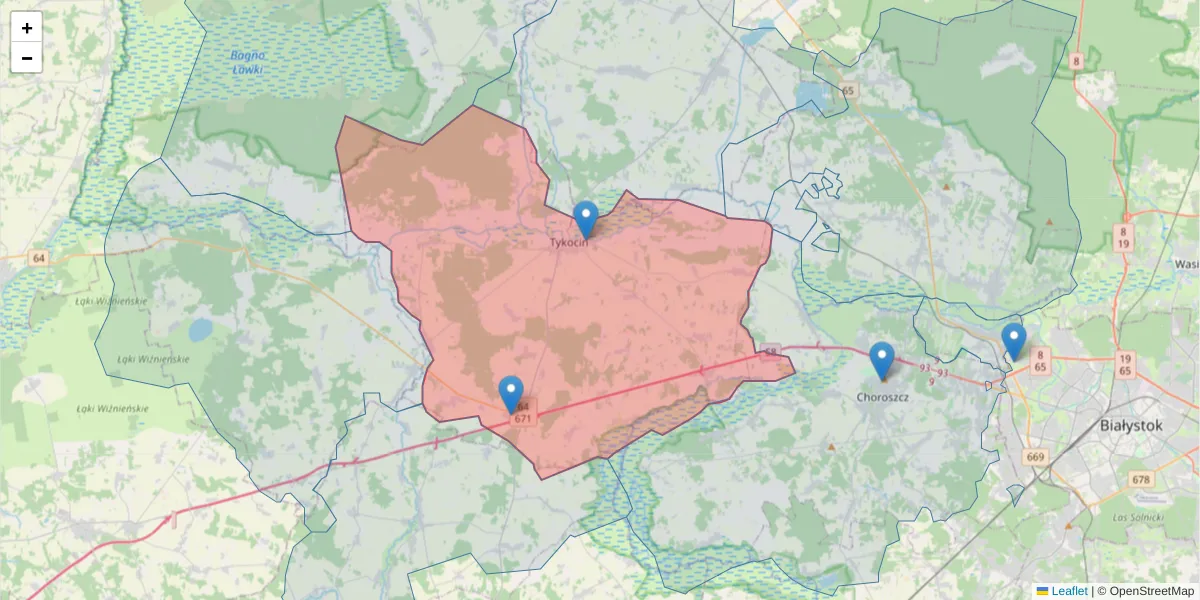 Szczegółowa mapa kodu pocztowego 16-080 z granicami, sąsiednimi kodami pocztowymi i urzędami pocztowymi