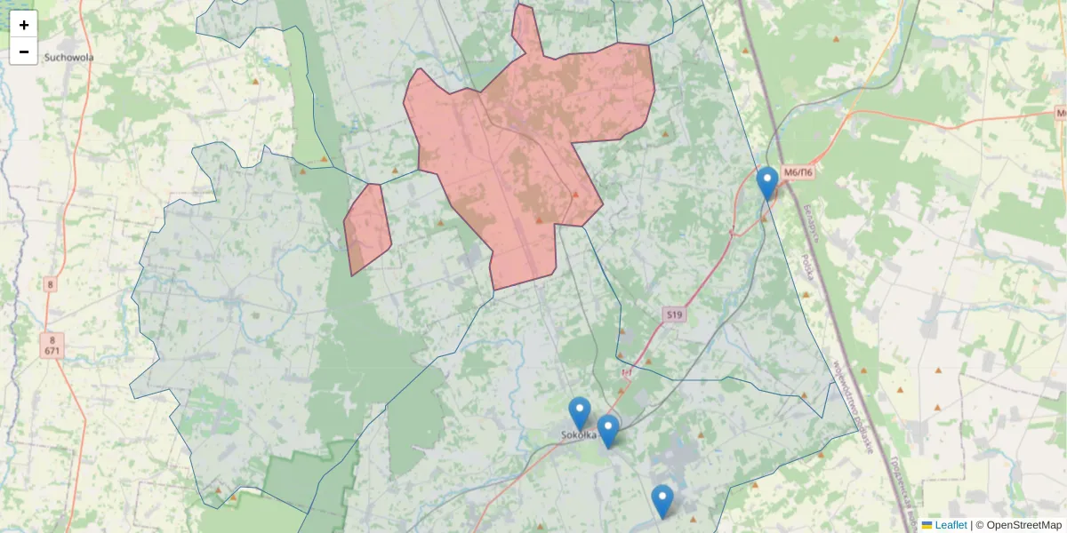 Szczegółowa mapa kodu pocztowego 16-124 z granicami, sąsiednimi kodami pocztowymi i urzędami pocztowymi