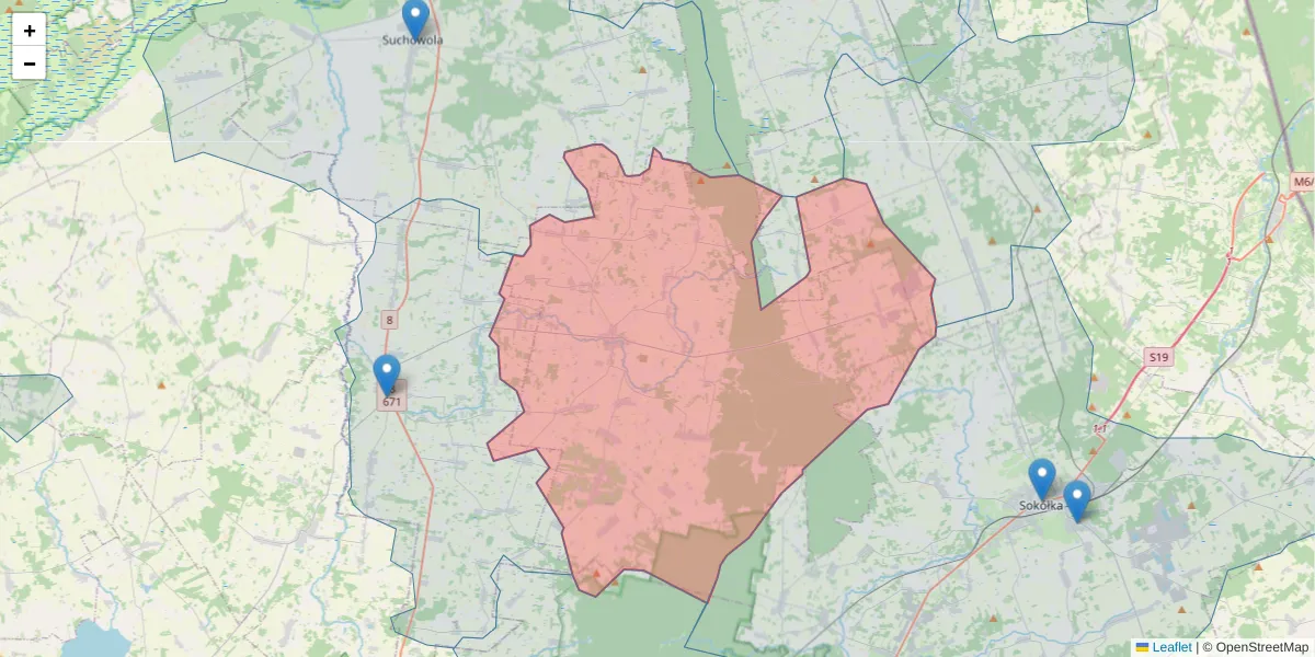 Szczegółowa mapa kodu pocztowego 16-130 z granicami, sąsiednimi kodami pocztowymi i urzędami pocztowymi