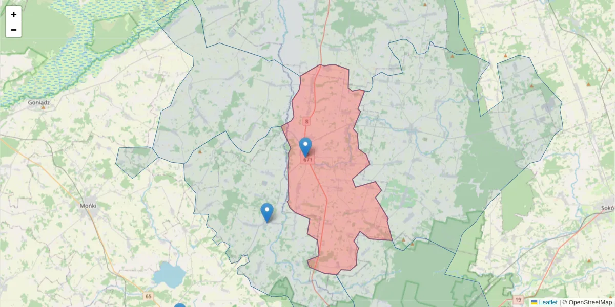 Szczegółowa mapa kodu pocztowego 16-140 z granicami, sąsiednimi kodami pocztowymi i urzędami pocztowymi