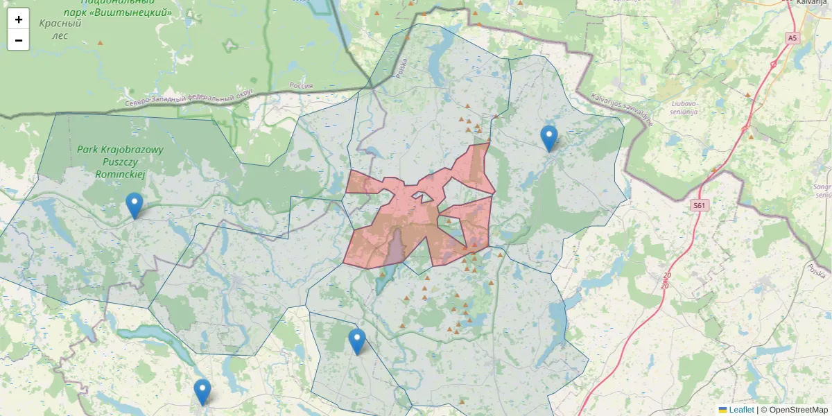 Szczegółowa mapa kodu pocztowego 16-405 z granicami, sąsiednimi kodami pocztowymi i urzędami pocztowymi