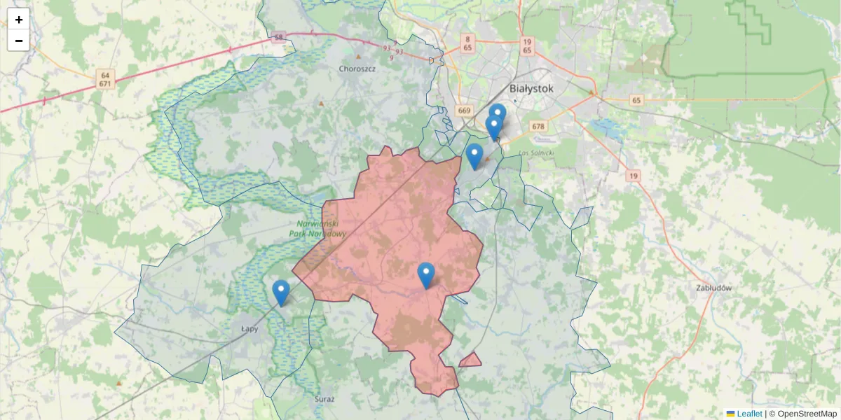 Szczegółowa mapa kodu pocztowego 18-106 z granicami, sąsiednimi kodami pocztowymi i urzędami pocztowymi
