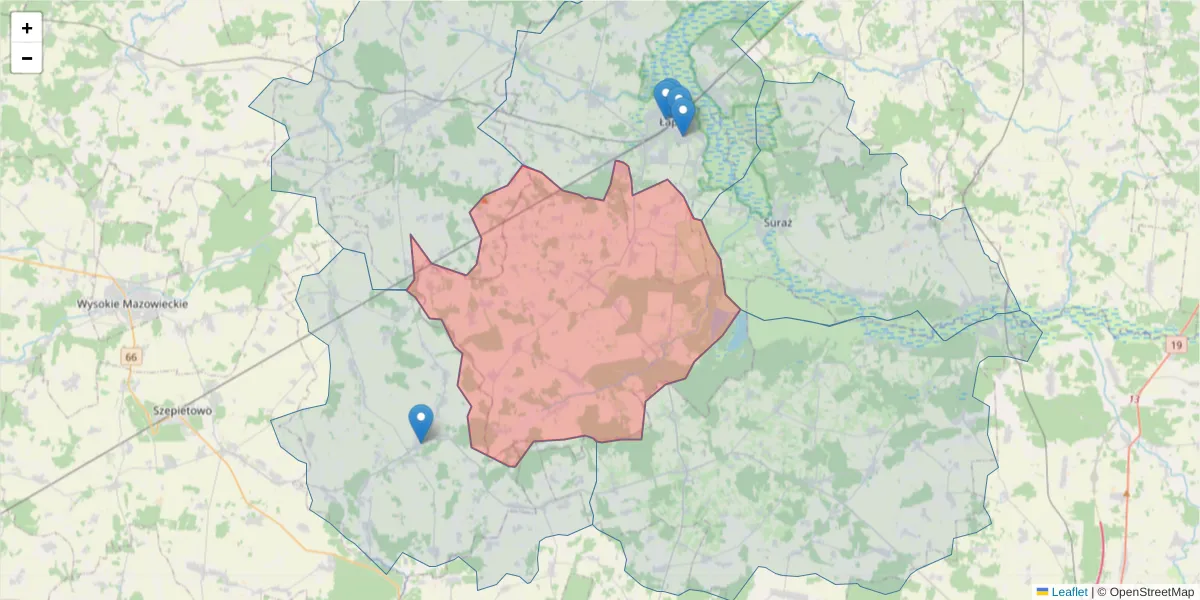 Szczegółowa mapa kodu pocztowego 18-112 z granicami, sąsiednimi kodami pocztowymi i urzędami pocztowymi