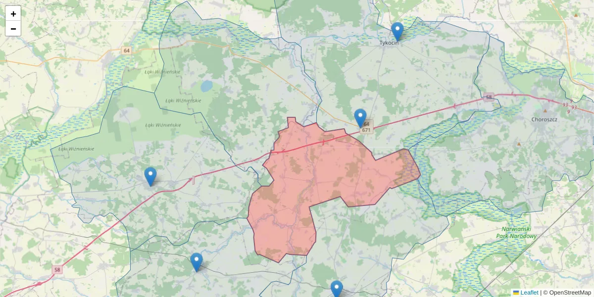 Szczegółowa mapa kodu pocztowego 18-204 z granicami, sąsiednimi kodami pocztowymi i urzędami pocztowymi