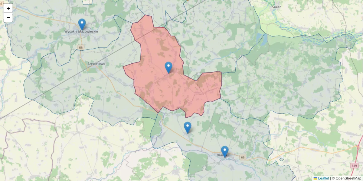 Szczegółowa mapa kodu pocztowego 18-212 z granicami, sąsiednimi kodami pocztowymi i urzędami pocztowymi
