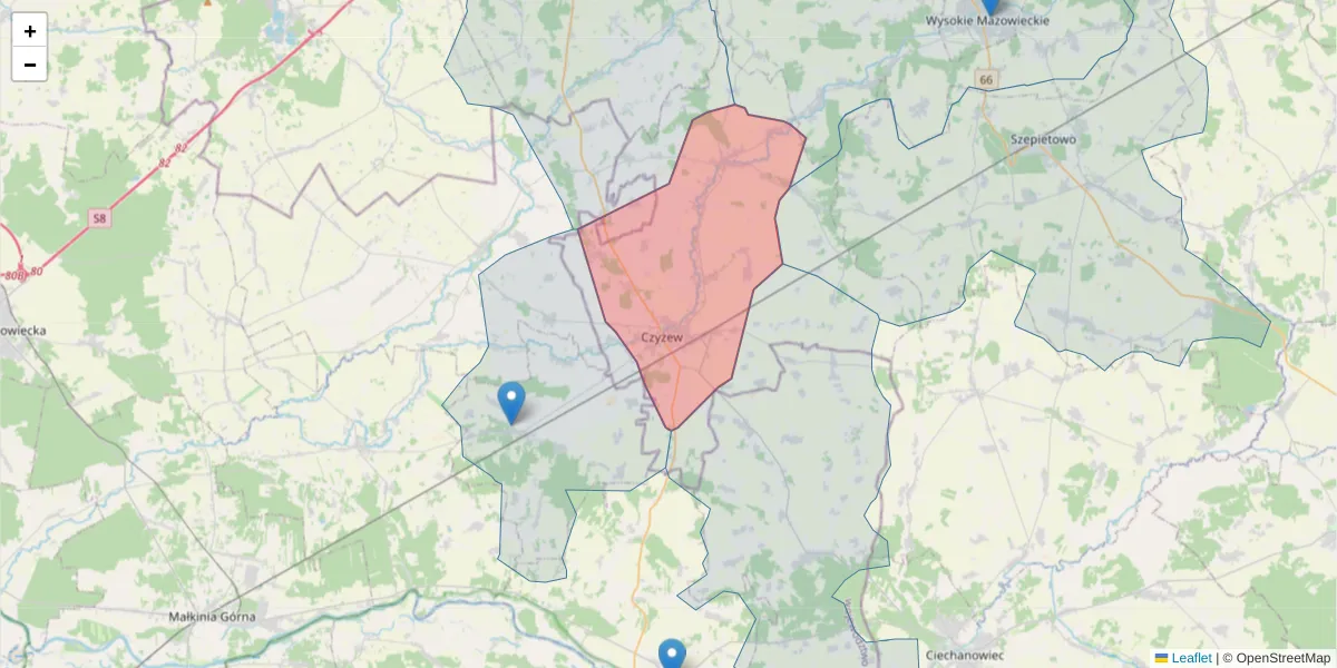 Szczegółowa mapa kodu pocztowego 18-220 z granicami, sąsiednimi kodami pocztowymi i urzędami pocztowymi