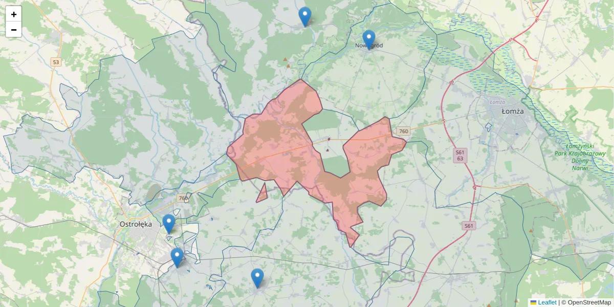 Szczegółowa mapa kodu pocztowego 18-413 z granicami, sąsiednimi kodami pocztowymi i urzędami pocztowymi