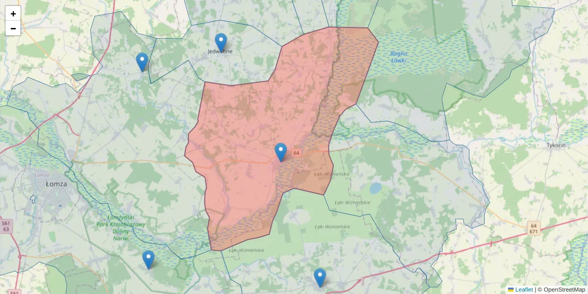 Szczegółowa mapa kodu pocztowego 18-430 z granicami, sąsiednimi kodami pocztowymi i urzędami pocztowymi