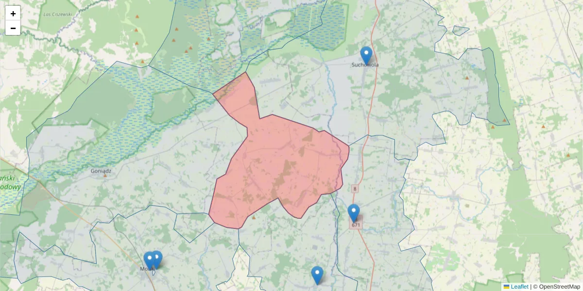 Szczegółowa mapa kodu pocztowego 19-124 z granicami, sąsiednimi kodami pocztowymi i urzędami pocztowymi
