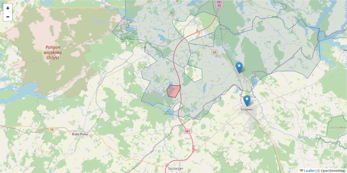 Szczegółowa mapa kodu pocztowego 19-311 z granicami, sąsiednimi kodami pocztowymi i urzędami pocztowymi