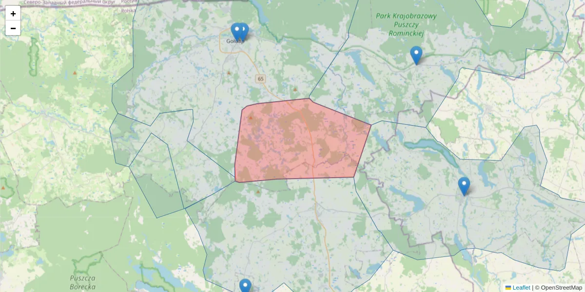 Szczegółowa mapa kodu pocztowego 19-506 z granicami, sąsiednimi kodami pocztowymi i urzędami pocztowymi
