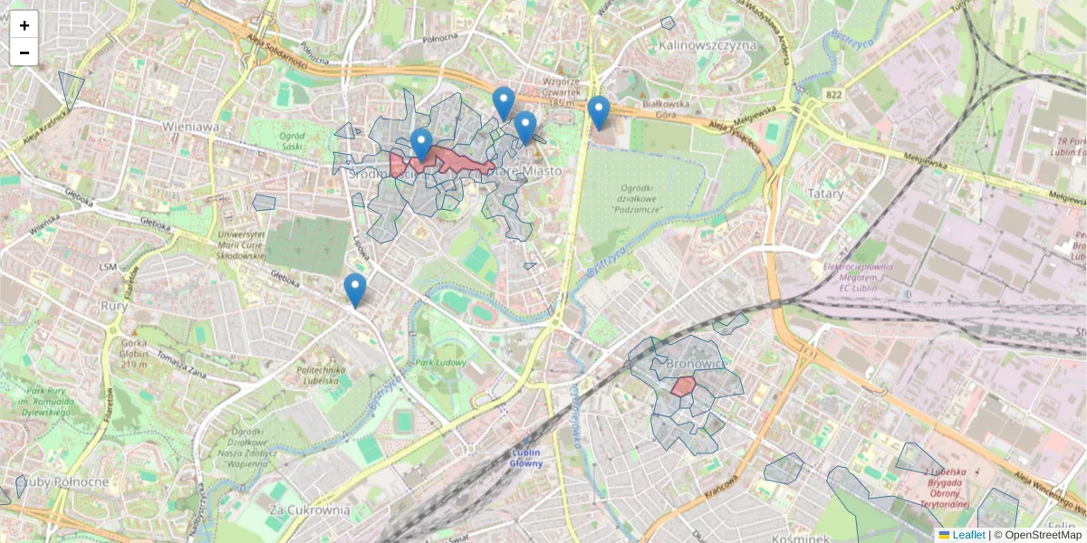 Szczegółowa mapa kodu pocztowego 20-002 z granicami, sąsiednimi kodami pocztowymi i urzędami pocztowymi