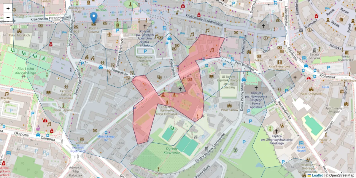 Szczegółowa mapa kodu pocztowego 20-004 z granicami, sąsiednimi kodami pocztowymi i urzędami pocztowymi