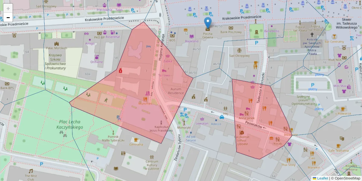 Szczegółowa mapa kodu pocztowego 20-006 z granicami, sąsiednimi kodami pocztowymi i urzędami pocztowymi