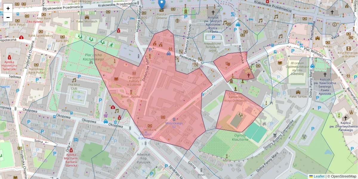 Szczegółowa mapa kodu pocztowego 20-007 z granicami, sąsiednimi kodami pocztowymi i urzędami pocztowymi