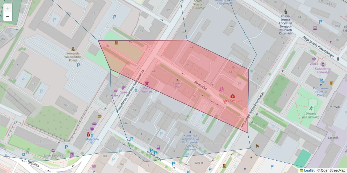 Szczegółowa mapa kodu pocztowego 20-012 z granicami, sąsiednimi kodami pocztowymi i urzędami pocztowymi