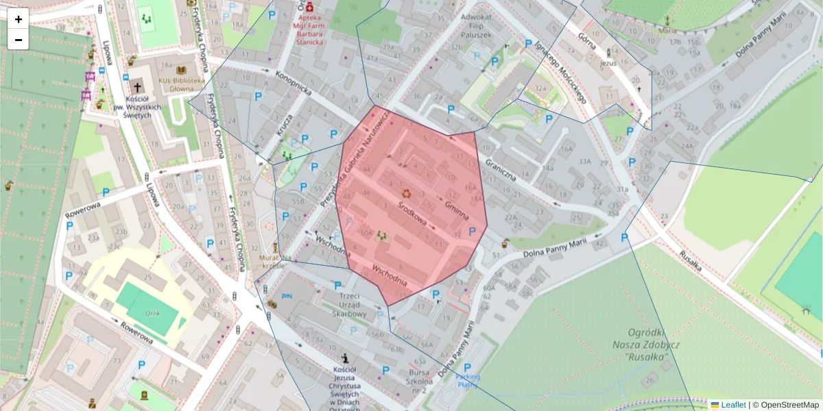 Szczegółowa mapa kodu pocztowego 20-015 z granicami, sąsiednimi kodami pocztowymi i urzędami pocztowymi