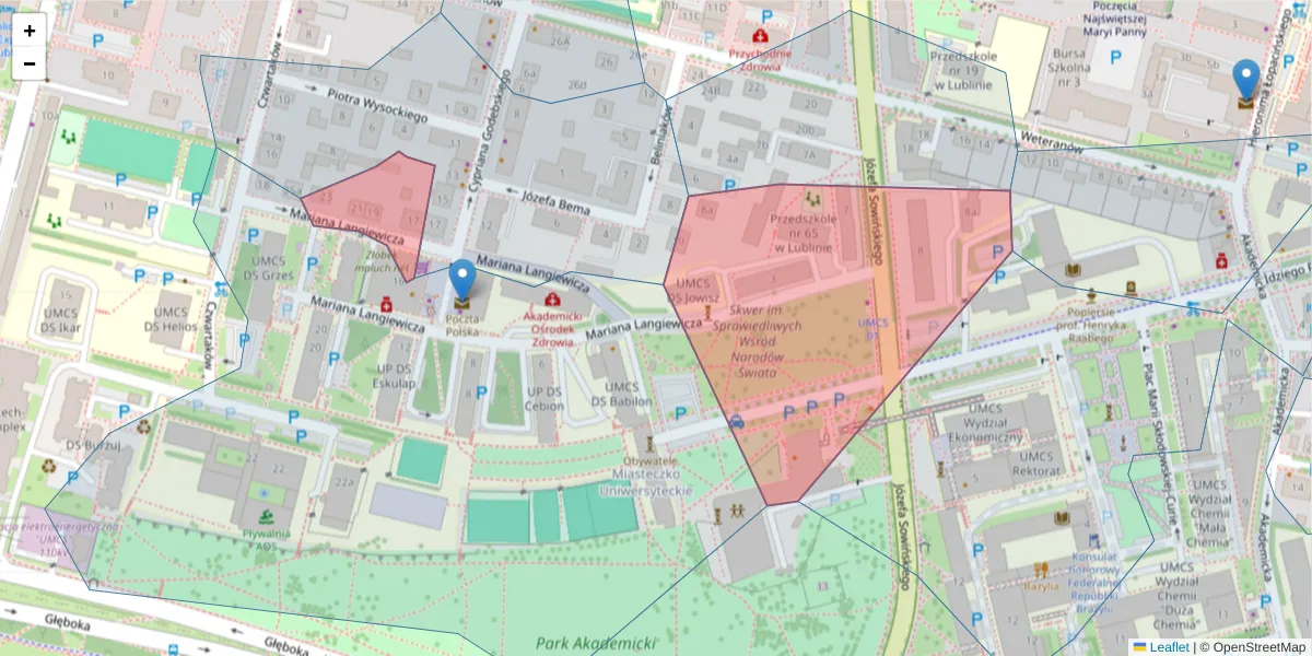 Szczegółowa mapa kodu pocztowego 20-032 z granicami, sąsiednimi kodami pocztowymi i urzędami pocztowymi