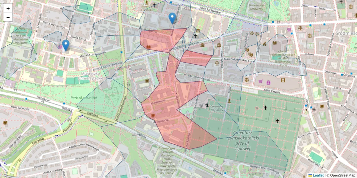 Szczegółowa mapa kodu pocztowego 20-033 z granicami, sąsiednimi kodami pocztowymi i urzędami pocztowymi