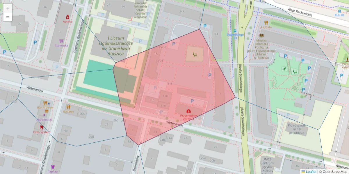 Szczegółowa mapa kodu pocztowego 20-038 z granicami, sąsiednimi kodami pocztowymi i urzędami pocztowymi