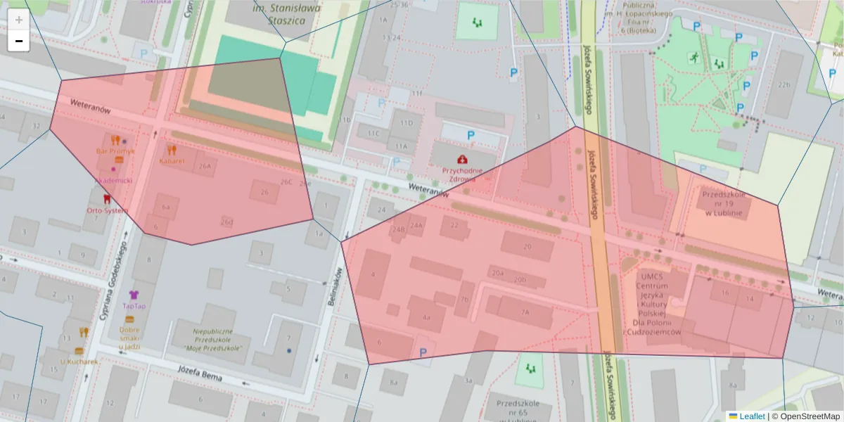 Szczegółowa mapa kodu pocztowego 20-044 z granicami, sąsiednimi kodami pocztowymi i urzędami pocztowymi