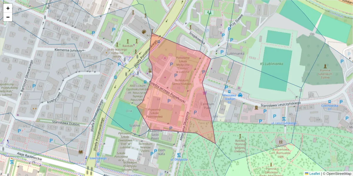 Szczegółowa mapa kodu pocztowego 20-054 z granicami, sąsiednimi kodami pocztowymi i urzędami pocztowymi