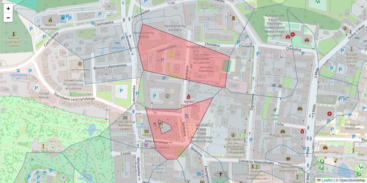 Szczegółowa mapa kodu pocztowego 20-074 z granicami, sąsiednimi kodami pocztowymi i urzędami pocztowymi