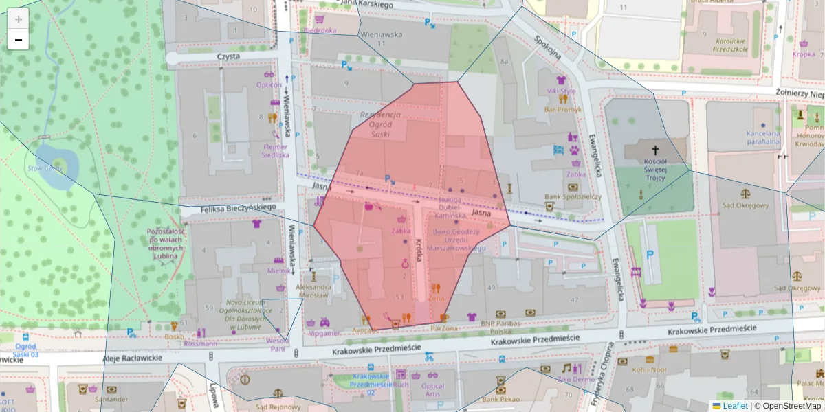 Szczegółowa mapa kodu pocztowego 20-077 z granicami, sąsiednimi kodami pocztowymi i urzędami pocztowymi