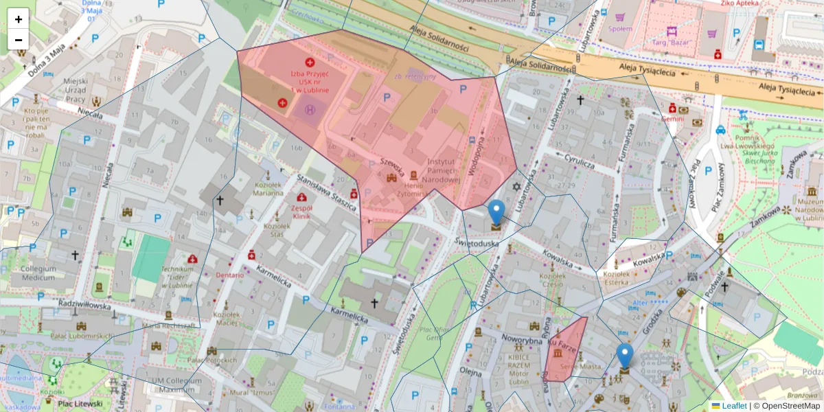 Szczegółowa mapa kodu pocztowego 20-086 z granicami, sąsiednimi kodami pocztowymi i urzędami pocztowymi