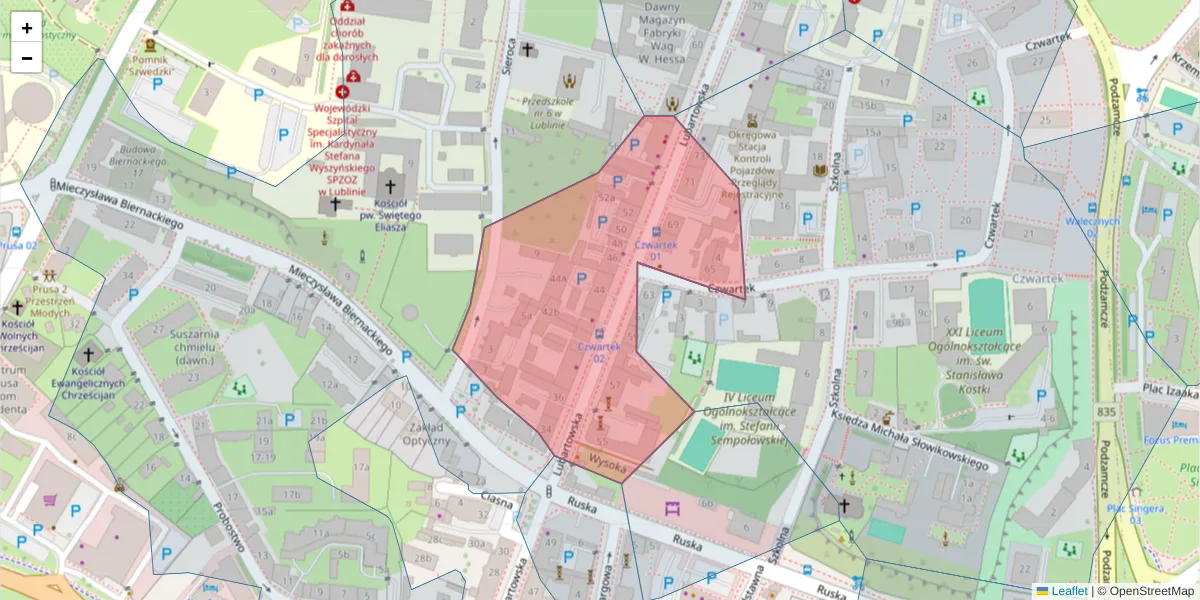 Szczegółowa mapa kodu pocztowego 20-094 z granicami, sąsiednimi kodami pocztowymi i urzędami pocztowymi