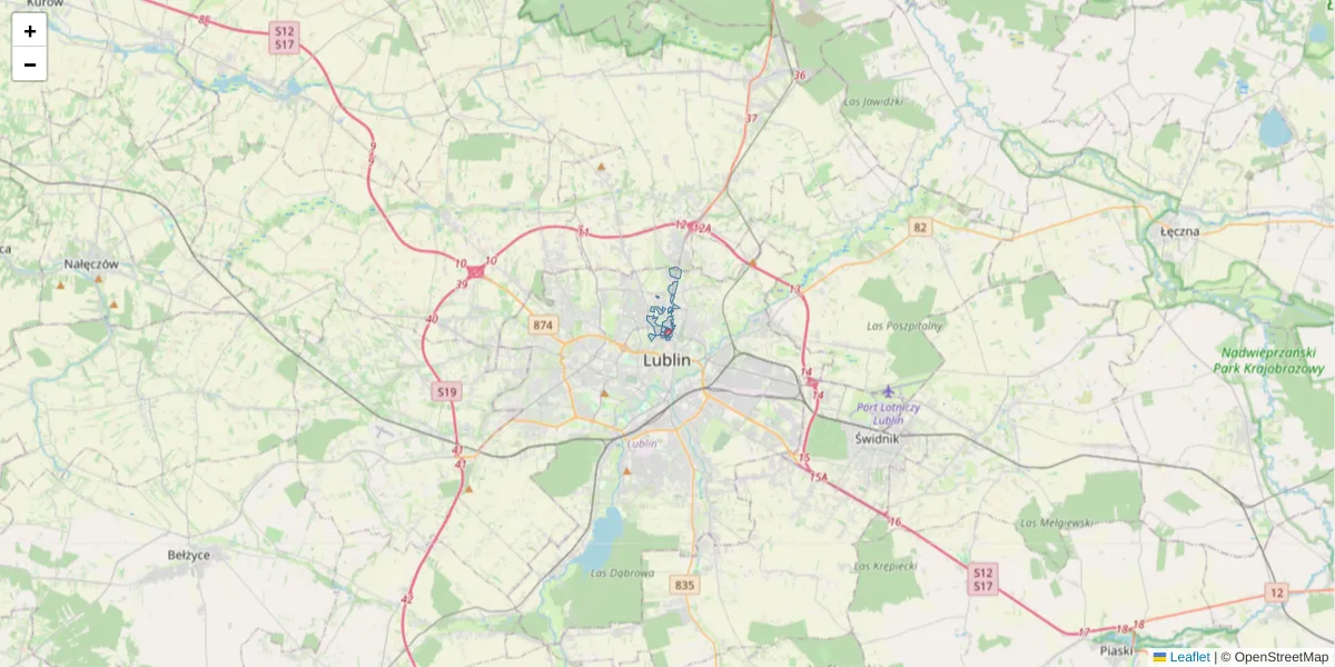 Szczegółowa mapa kodu pocztowego 20-095 z granicami, sąsiednimi kodami pocztowymi i urzędami pocztowymi