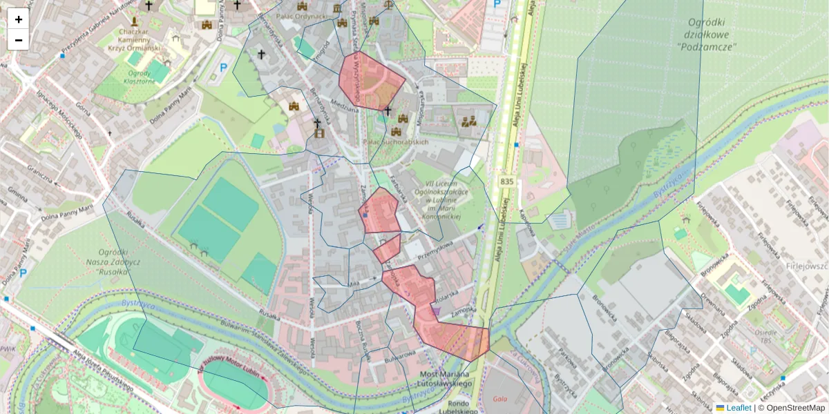 Szczegółowa mapa kodu pocztowego 20-105 z granicami, sąsiednimi kodami pocztowymi i urzędami pocztowymi