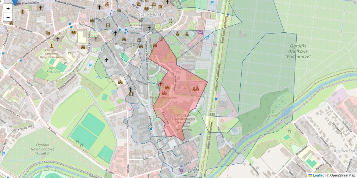 Szczegółowa mapa kodu pocztowego 20-107 z granicami, sąsiednimi kodami pocztowymi i urzędami pocztowymi