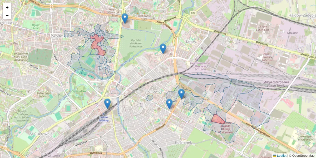 Szczegółowa mapa kodu pocztowego 20-109 z granicami, sąsiednimi kodami pocztowymi i urzędami pocztowymi