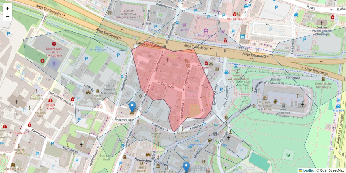 Szczegółowa mapa kodu pocztowego 20-122 z granicami, sąsiednimi kodami pocztowymi i urzędami pocztowymi